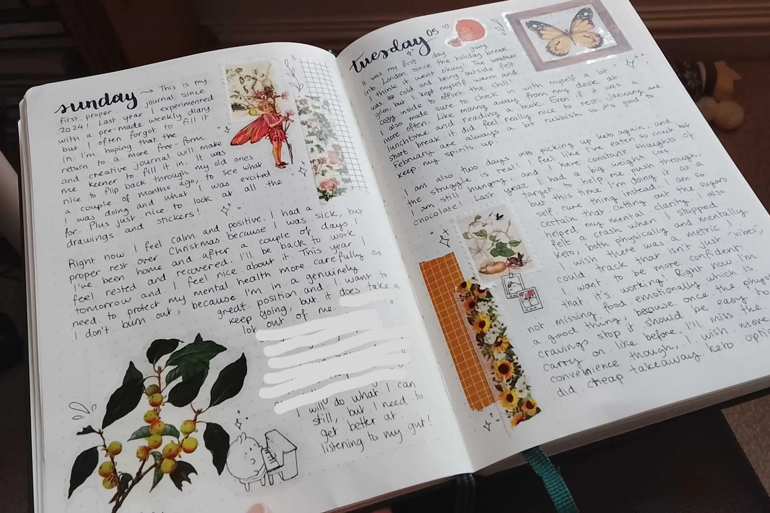 A page in my journal, covered in stickers and doodles