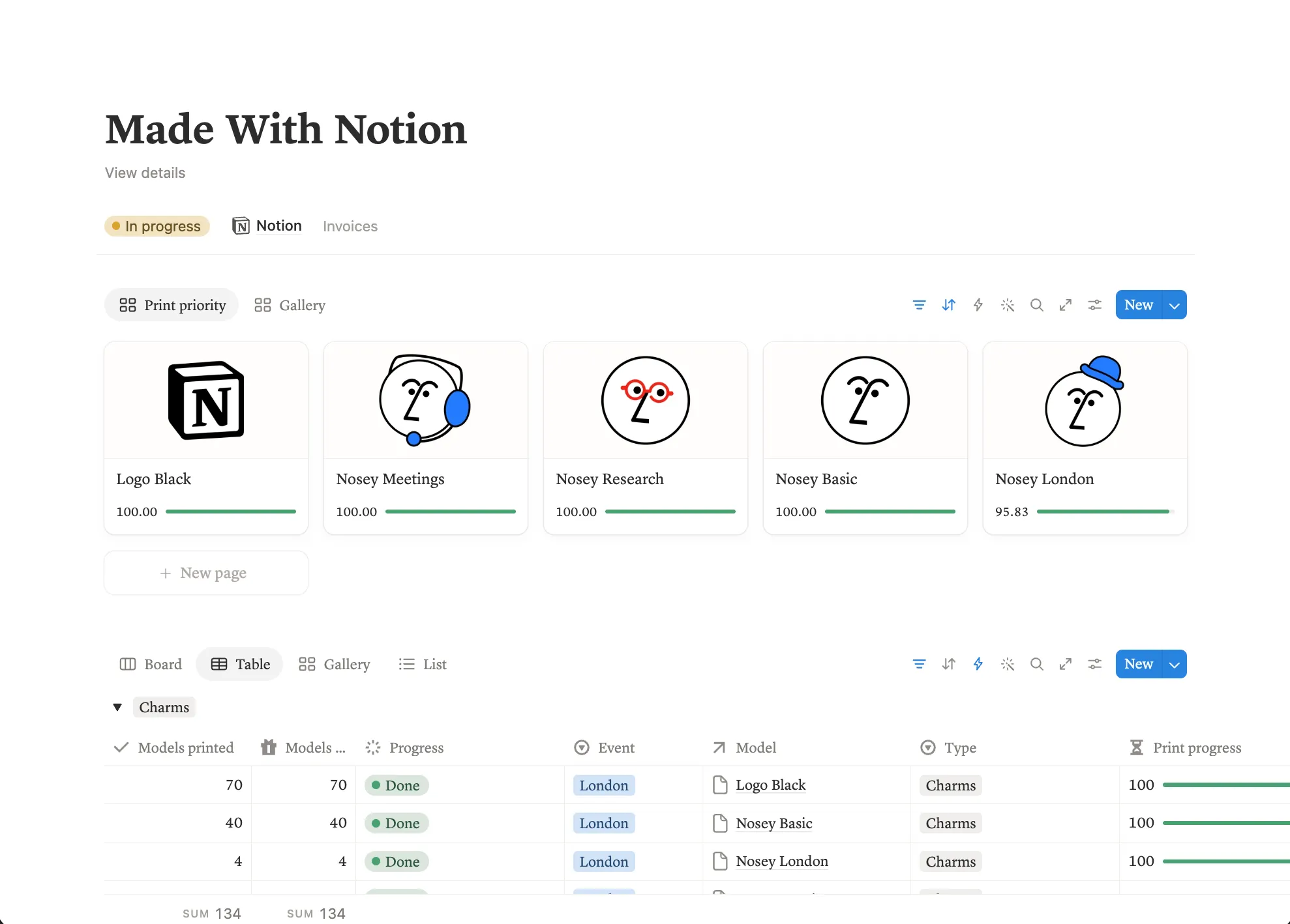 A screenshot of Notion. Shows a gallery of designs at the top with percentage bars underneath. Under that is a table showing progress for each batch.
