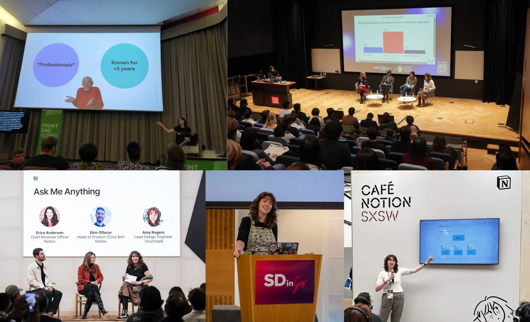 A photo collage of me talking at various events this year. From top left, talking at Front End North, KCL Tech Summit, SXSW, SDinGov, and Make With Notion.