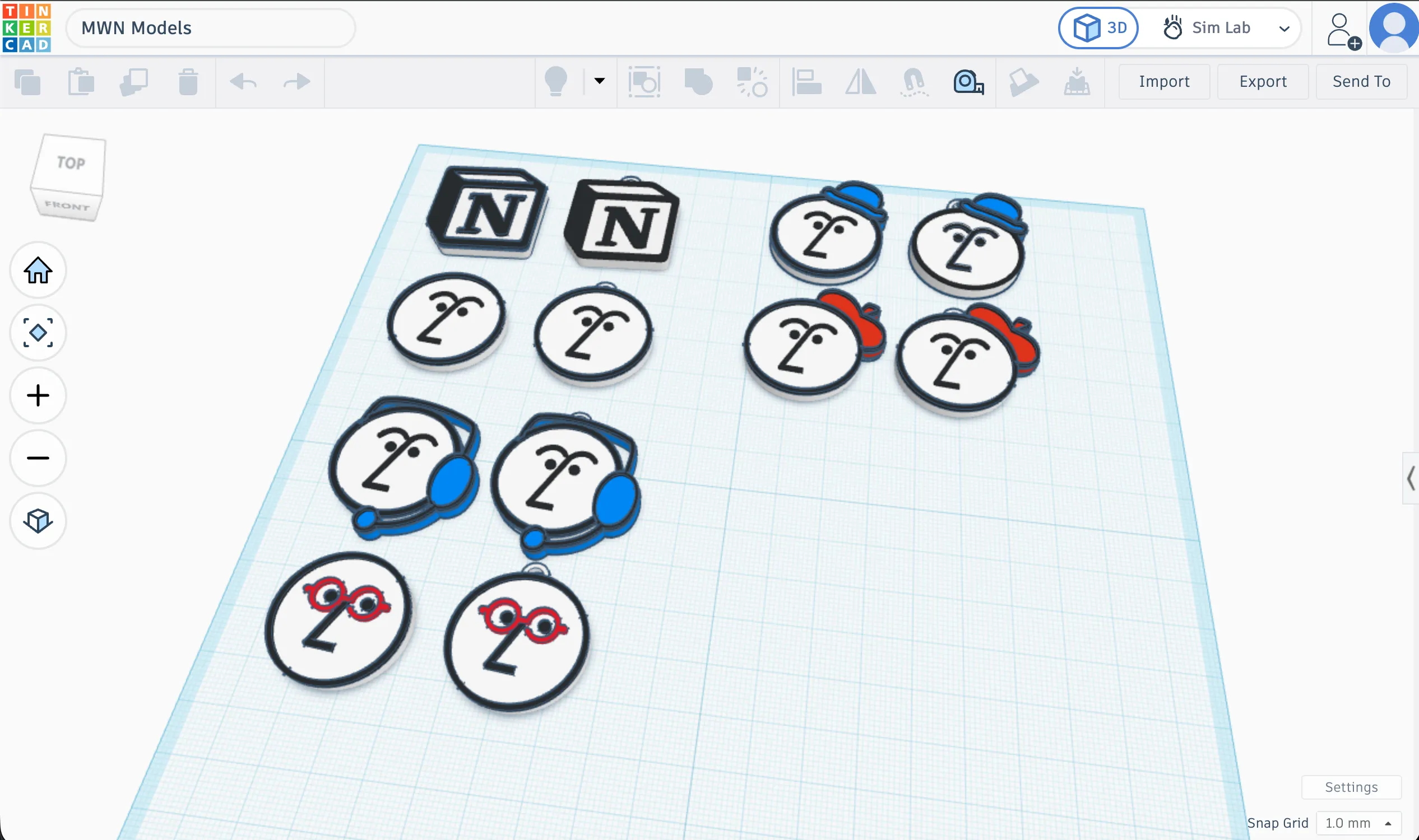 A screenshot of the tool Tinkercad, with models of the Notion logo and Noseys in different outfits.